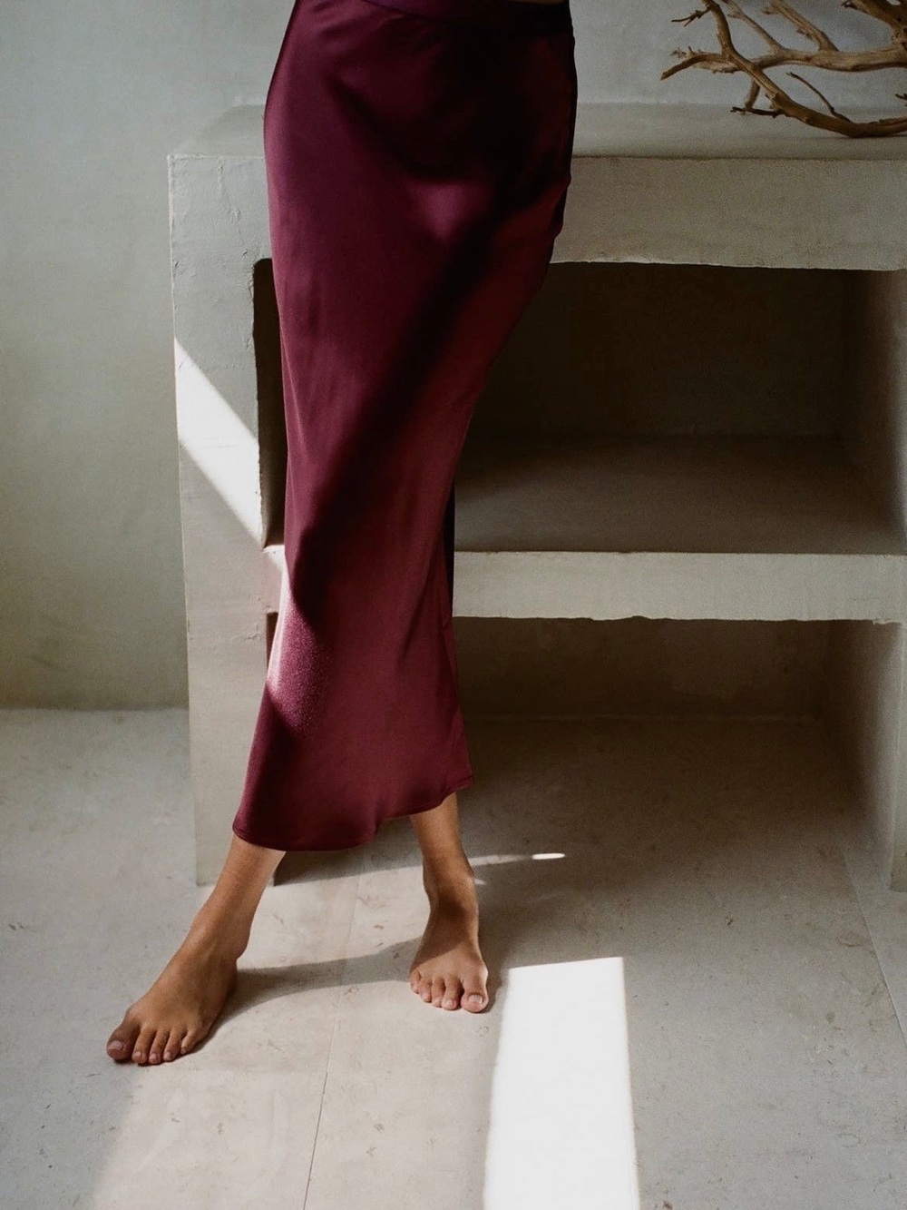 By Together Satin Midi Slip Skirt in Wine